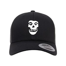 Mari Kyrios Misfit Heat Pressed Fiend Skull Black on Black Curved Bill Hat - Adult Mesh Trucker Snap Back Cap