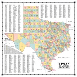 Texas Map Store County Wall Map - Includes Counties, Cities, Towns, County Seats, MSA's - Over 1200 Cities and Towns Listed with Populations (Paper, 42'' x 42'')