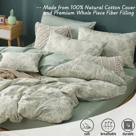LEMIROE Botanical Cotton Comforter King Size - Dusty Green Comforter Printed with Luxrious Bluish-Grey Ferns on Beige,Reversible Lightweight Bedding Sets 3Pcs(104"×90")