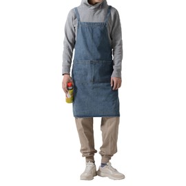 Tobyan Cotton Denim Apron Soft - Unisex Adjustable Bib Apron with 5-Pockets Perfect for Kitchens (XL-Blue)