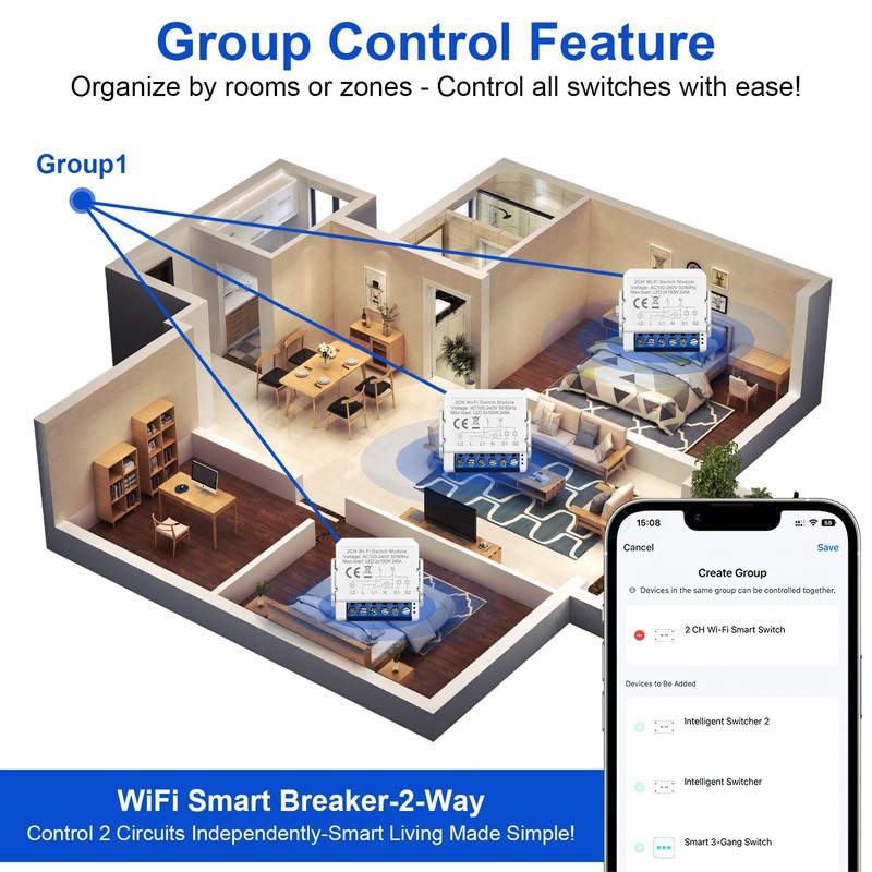 SOARFLY Smart Lichtschalter Modul 2-Weg, WLAN Schalter Smart Life Tuya