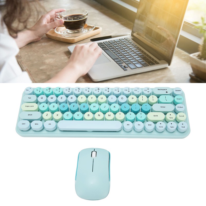 Keyboard Mouse Combo 2.4GHz Wireless Cute Retro 68 Round Keycaps