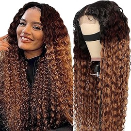 AiPliantfis Human Hair Wig Glueless Wig Wear and Go Real Hair Wig Women's Curly Wave 4X4 Lace 1B/4/30 Ombre Brown Pre Plucked 150% Density Real Unprocessed Remy Hair 28 Inches (71 cm)
