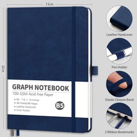 RETTACY Graph Grid Paper Notebook, 96 Pages, B5 Medium Size (7.6'' x 10''), 5 Squares per Inch, Leather Hardcover, 100 GSM Thick Paper, for School, Students, Math, Engineering (Navy Blue)