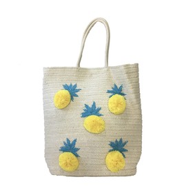 F.C. Fashion Culture Pineapple Pom Pom Straw Beach Bag Tall Tote, Natural