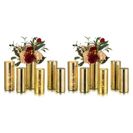 Glasseam Gold Cylinder Vases for Centerpieces: 12 Modern Mercury Hurricane Glass Vase Set for Flowers - Decorative Golden Pillar Candle Holders for Wedding Party Dining Room Table Decor