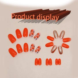 Bright Press on Nails Orange Medium Almond Shape, Glossy Gold Glitter Full Cover Acrylic Nails False Nails with Pumpkin Designs, Cute Artificial Fake Nails with Glue Stick on Fingernails for Women