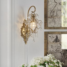 Fetason Gold Crystal Vintage Plug in Wall Sconces Set of 2 Indoor Wall Light Fixture, Modern Wall Mount Lamp Light for Bedroom Living Room Bathroom Vanity Light Hallway Light Fixture Decor LED E12