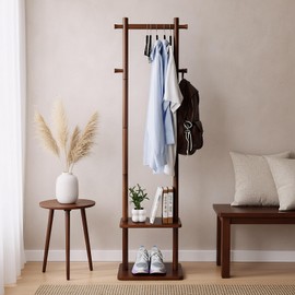 GZQXHOME Solid Wood Coat Rack Freestanding,Clothing Tree Racks with 2-layer Shelves Storage & 4 Hooks,Heavy Duty Stury Base for Entryway, Livingroom, Bedroom,Easy to Assemble(Brown)
