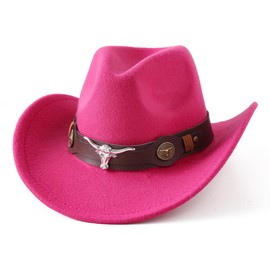 Jastore Kids Western Hats Boys Girls Cowboy Felt Hat Jazz Fedora Cowgirl Hats with Belt Buckle, Rose, 6-12 Years