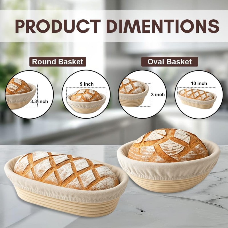 Sourdough Basket Set, 9" Round & 10" Oval Proofing Baskets