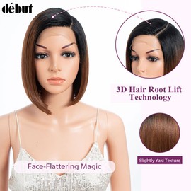 DÉBUT Synthetic Short Bob Wig with Ear to Ear Lace Front Wig, Side Part Asymmetrical Wig Slight Yaki Straight Hair Ombre Brown