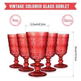 Wine Glasses Set of 12 Vintage Goblet 9 oz Vintage Colored Glass Goblet Beverage Stemmed Glass Cups Romantic Embossed Glassware for Wedding Party Holidays Anniversary (Red)