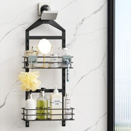 Orimade Adjustable Anti-slip Shower Caddy over Shower Head, Rustproof Bathroom Hanging Shower Organizer with 2 Hooks for Razor, No Drilling Shower Shelves Storage Rack 2 Tier, Black