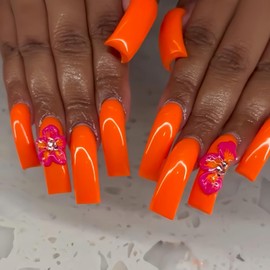 24Pcs Long Curved Press on Nails 3D Flower Fake Nails with Glue Orange Full Cover Curved False Nails with Rhinestone Design Long Square Nails Press ons Full Cover Reusable Stick on Nail for Women
