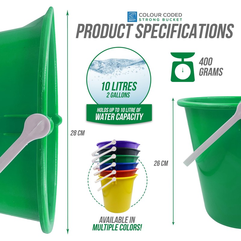 Colour Coded Plastic Bucket with Handle, 2 Gallon (10L) Household