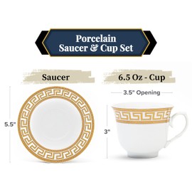 Porcelain Tea Set 8 Piece - White with Gold Greek Key Design - 5.5 Inch Saucers, 6.5 oz Cups - Perfect for Tea Parties, Cappuccino, Black Tea, Vintage Home Decor (Meander Gold 3008, 8 Piece)