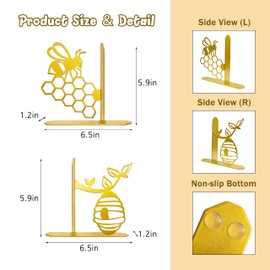 Bee Metal Bookends Cute Honey Book Ends for Shelves Bookshelf Decorative Objects Home Office Desk Bookshelf Decor Nice Gifts for Women (Gold)