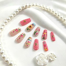 Short Press on Nails Coffin Fake Nails with Butterfly Dots Flower Leaves Designs Pink Nails Press ons Glossy Nude Summer Acrylic Spring Stick on Nails for Women 24Pcs