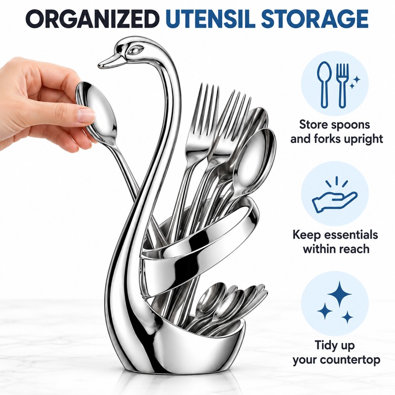 Elegant Swan Spoon and Fork Holder, Decorative Metal Cutlery Organizer