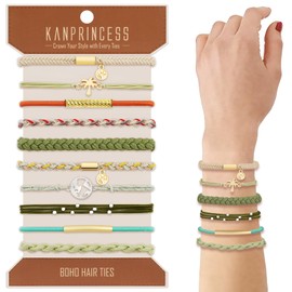 KANPRINCESS Hair Tie Bracelet, 10 Pcs Boho Hair Ties For Girls and Women, Elastic Hair Ties, Hair Bands For Ponytails, Ponytail Holder For Daily Life, Sport, Cooking, Working (Set 14)
