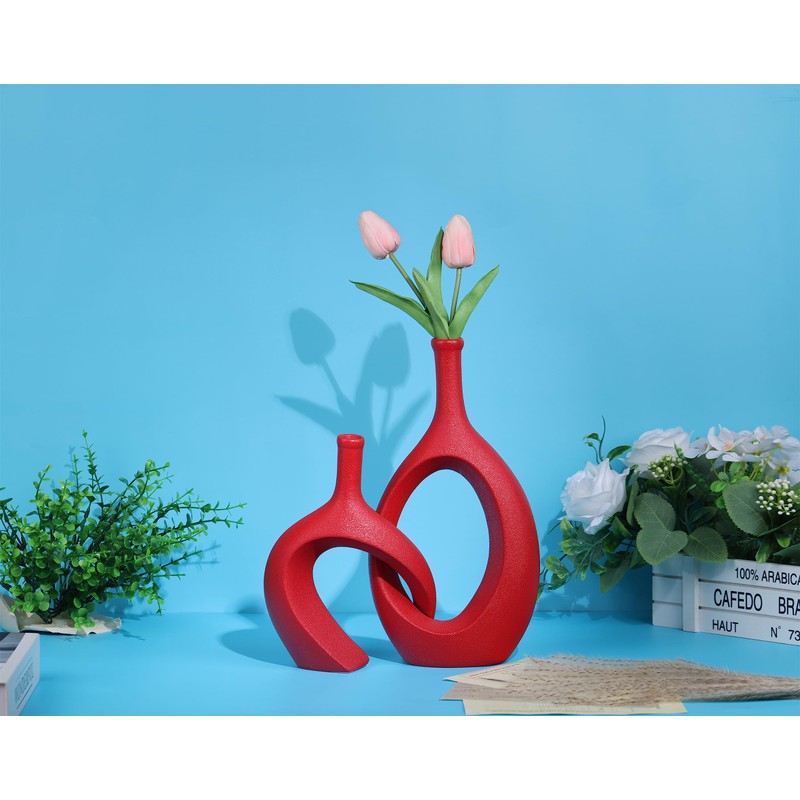 WUBIANJIE Red Ceramic Vase Set - Modern Boho Decor, Snuggle