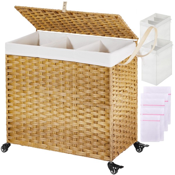 Greenstell Laundry Hamper with Wheels&Lid, 125L Large 3 Sections Clothes