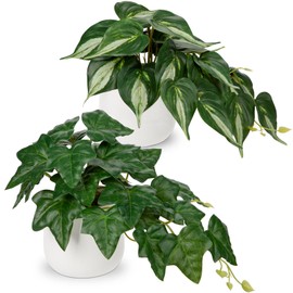 GnFlus Fake Plants Set of 2 Artificial Plants Faux Ivy Pothos with White Ceramic Pots Fake Potted Plants Artificial Decor for Home Bathroom Shelf Desk Indoor