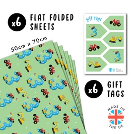Happy 3rd Birthday Wrapping Paper - Boys Wrapping Paper - 6 Sheets Of Green Gift Wrap - Digger and Tractor - Construction Vehicles - Age Three - 3 Year Old - Comes With Stickers - By Central 23