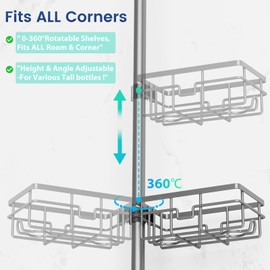 Corner Shower Caddy Organizer Tension Pole, Adjustable 6 Shower Shelves Corner Shelf 30-120Inch Rustproof Shower Rack for Inside Shower, Extra Towel Bar Soap Dish Bathroom Organizers and Storage Gray