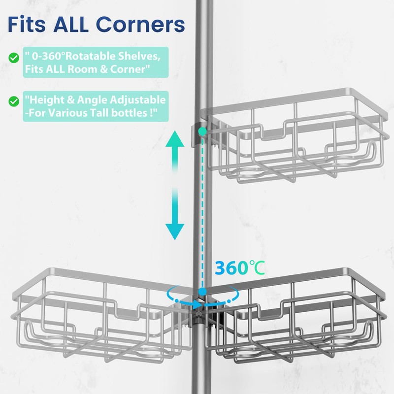 Corner Shower Caddy Organizer Tension Pole, Adjustable 6 Shower Shelves