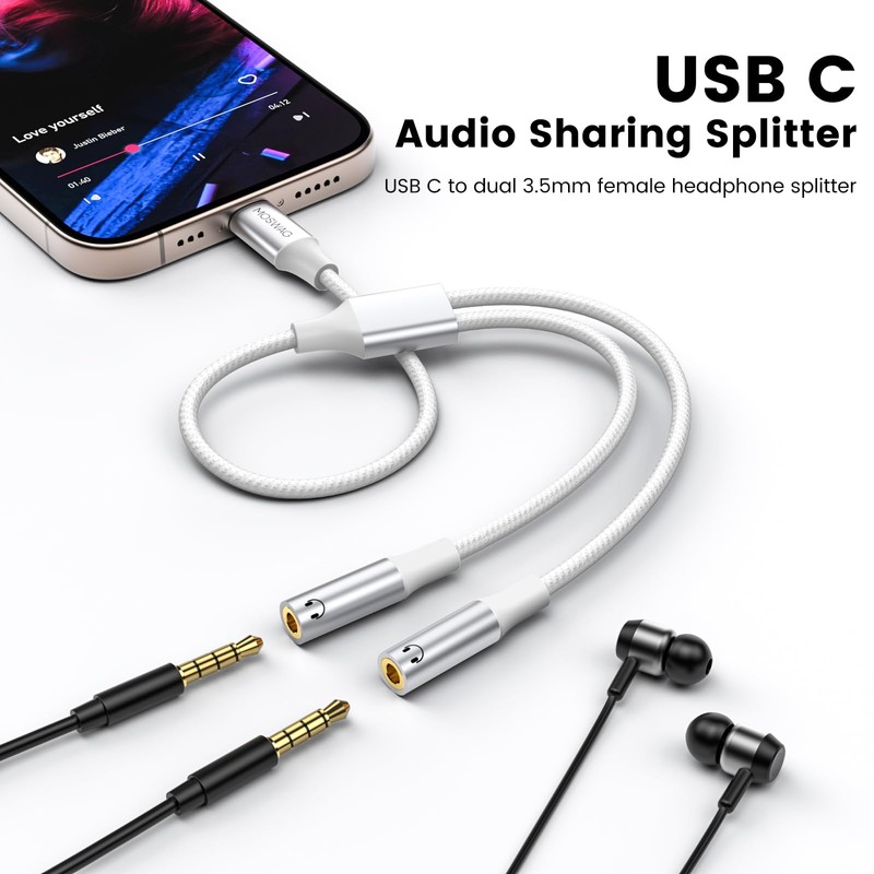 MOSWAG USB C to 3.5mm Aux Audio Headphone Splitter, 2-in-1