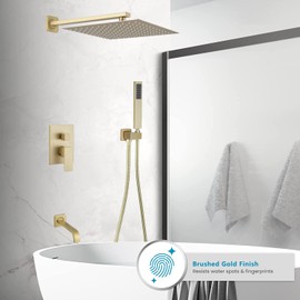 JingGang Brushed Gold Rain Shower System Tub Shower Faucet Set 12 Inch Square Rainfall Shower Head with Handheld Sprayer and Tub Spout Rough-in Valve Shower Mixer Combo