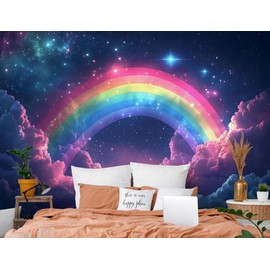 LiveGallery 63 * 89.8inch Large 3D Magic Starry Sky and Rainbow Wallpaper Peel and Stick Cartoon Clouds Stars Wall Mural Space Wall Decor for Kids Nursery Bedroom Ceiling Background Decoration (a)
