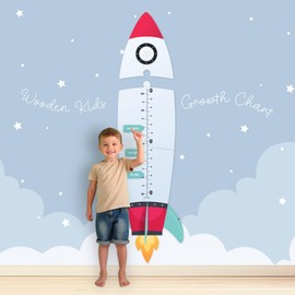 Teté The Rocket - Wooden Growth Chart for Kids | Track Height Up to 4ft | Space Theme Wall Height Chart for Children | Galaxy Wall Ruler for Kids Room | Easy to Install, No Tools Needed