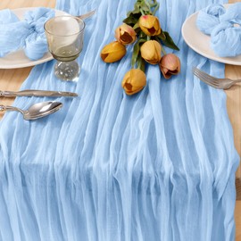 MLMC 8 Pack Cheesecloth Table Runner 10ft Wrinkled Sheer Baby Blue Gauze Table Runner Bulk 35x120 Inches for Wedding Party Decor