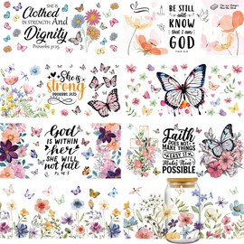 AFRITEE UV DTF Cup Wraps - 8 Sheets Bible Verse Rub On Transfer Sticker Decals, Christian, Inspirational Quotes, Butterflies, Flowers, for 16 oz Water Bottle Glass Decoration