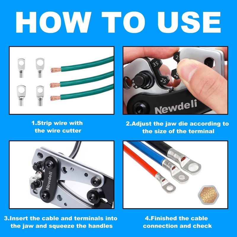 Newdeli Battery Cable Lug Crimping Tool 10-1/0 AWG with Wire