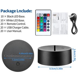 Riakrum 20 Pcs 3D Night LED Lamp Base 16 Colors LED Light Display Base with Remote Control USB Adjustable for Bedroom Restaurant Cafe Room Decoration(Black, White)