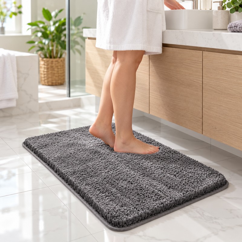 Rounded Thickened Bathroom Floor Mat, Plush Absorbent Bath Rug with
