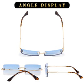 Stylish Small Rectangle Sunglasses Women Men Tinted Frameless Eyewear Ultralight Candy Color Ocean Sun Glasses Shades NP1034, T(3pack) Gold/Gradient Brown + Blue + Pink