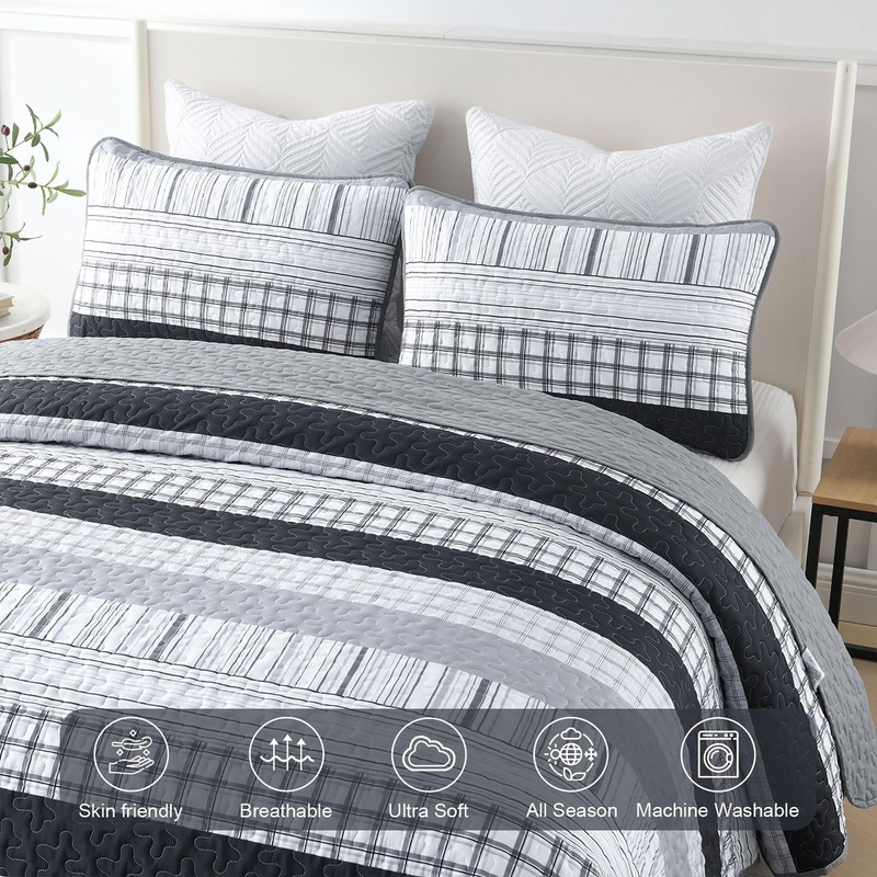 DJY Grey Striped Quilt Queen Size, Black Gray Boho Striped