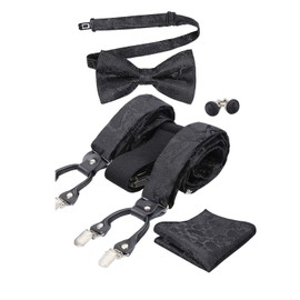 Alizeal Men's Plain 6 Clips Bow Tie and Suspenders, Pocket Square, Cufflinks Set-Black, 074-black