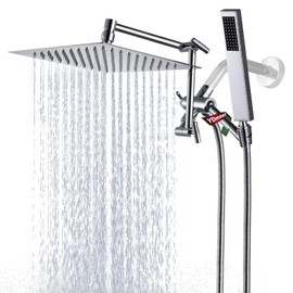 YDmeet All Metal Rain Shower Head with Handheld Combo, YDmeet 10 Inch Rainfall Shower Head, Stainless Steel Hand Wand, 3 Setting Diverter, Adjustable Extension Arm w/Lock Joints, 71" Extra Long Hose, Chrome
