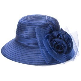 Lawliet Ladies Womens Satin Dress Church Wedding Occasion Wide Brim Feather Sun Formal Royal Ascot Hat(Navy Blue)