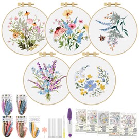 ERKOON Embroidery Kit for Beginners, 5 Sets Flower Cross Stitch Set for Adults Include Embroidery Cloth Hoops Threads for Craft Lover Hand Stitch with Skill Techniques (Flower)