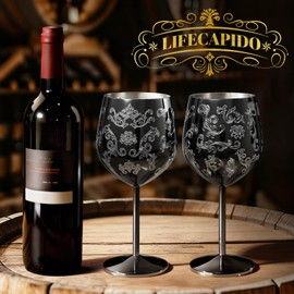 Lifecapido Stainless Steel Wine Glasses Set of 2, 18oz Etched Black Wine Goblets, Unique Wine Glasses with Intricate Baroque Engravings for Party Wedding Anniversary