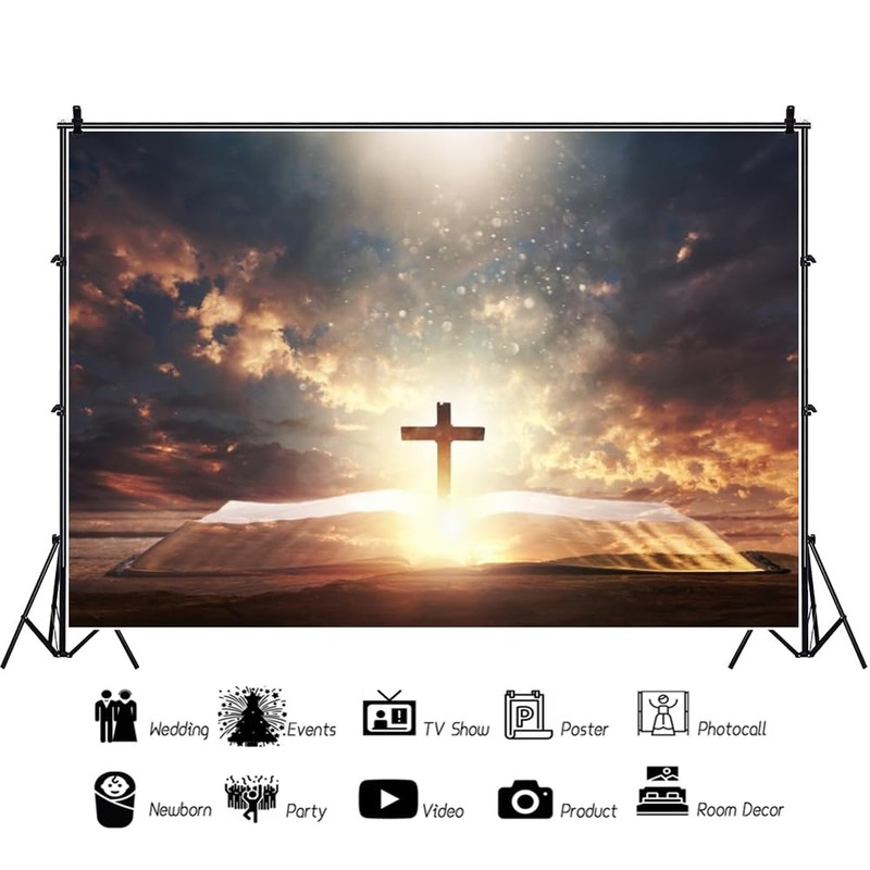ZARROUEA 7x5ft Jesus Christ Cross Backdrop Opened Holy Bible Book