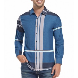 Alex Vando Mens Print Plaid Button Down Shirts Wrinkle Free 4-Way Stretch Smart Casual Shirt,Royal/Black,L