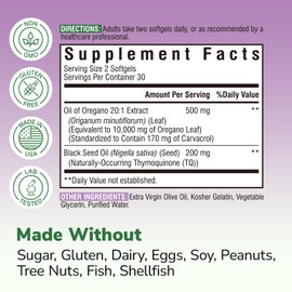 Vitalibre Oil of Oregano 10000mg with Black Seed Oil, 20:1 Extrect, Wild Harvested, Contains Carvacrol, Non-GMO, Herbal Extract Supplement for Immune Support, 60 Softgels